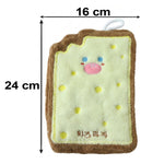 A cartoon cheese toast-shaped microfiber towel with dimensions of 24 cm by 16 cm is shown on a white background.