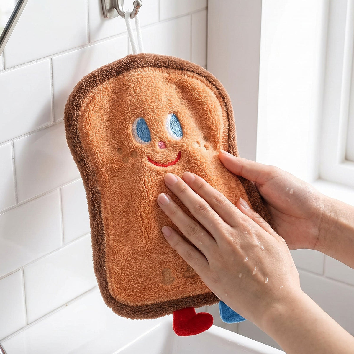 A person's hands gently patting a brown cartoon bread slice towel hanging above a sink.