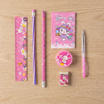 A pink rabbit-themed stationery set, including a ruler, notebook, two pencils, a pen, a sharpener, and an eraser, – view 9