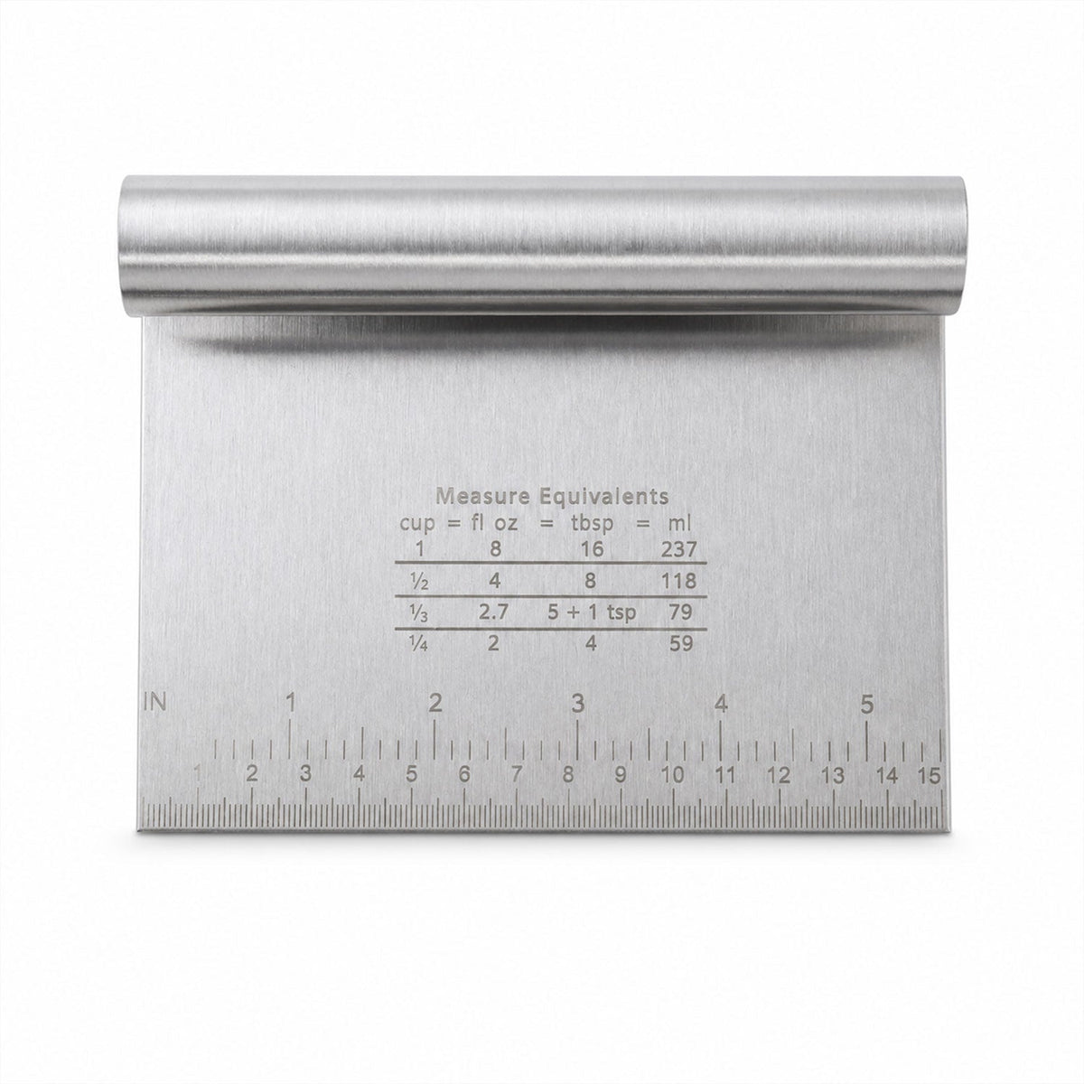 A close-up of a stainless steel dough scraper with a ruler on the bottom edge and a measurement conversion chart on the