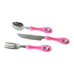 Pink Hello Kitty spoon, knife, and fork with white background.