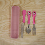 Pink Hello Kitty spoon, knife, fork, and case arranged on a light wooden surface.