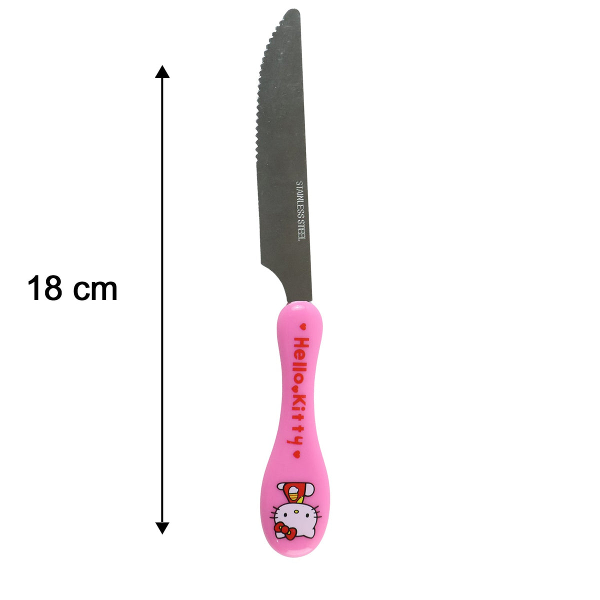 A pink Hello Kitty knife with a serrated edge, showing an 18 cm measurement.