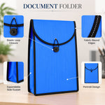 A blue plastic document folder with callouts highlighting its elastic loop closure, fabric-bound edges, and expandable side
