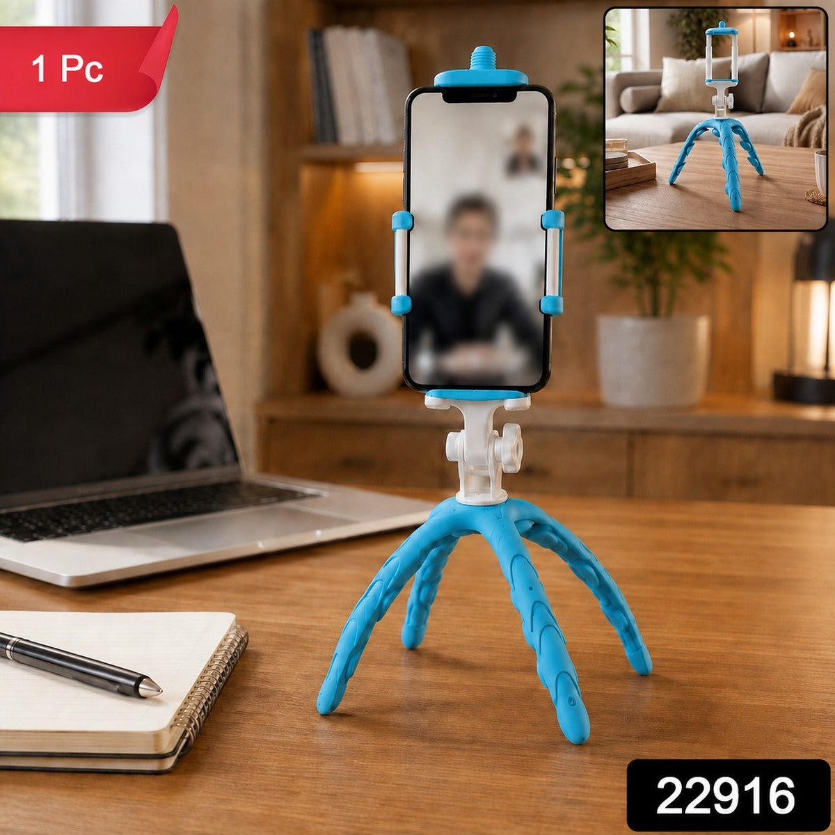 A blue and white flexible tripod holding a phone on a desk, with a small inset showing the tripod in a living room setting.