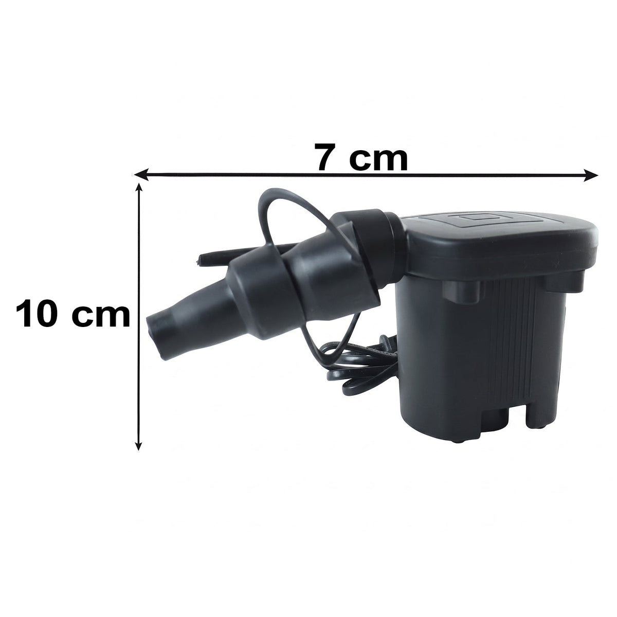 A hand presses a black electric air pump's nozzle into the clear valve of a blue inflatable mattress.