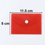A red plastic document folder envelope with a white button closure is shown with dimensions of 11.5 cm width and 8 cm height.