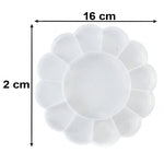 Top-down view of an empty, clear, flower-shaped plastic organizer box with 13 compartments, showing dimensions of 16 cm and
