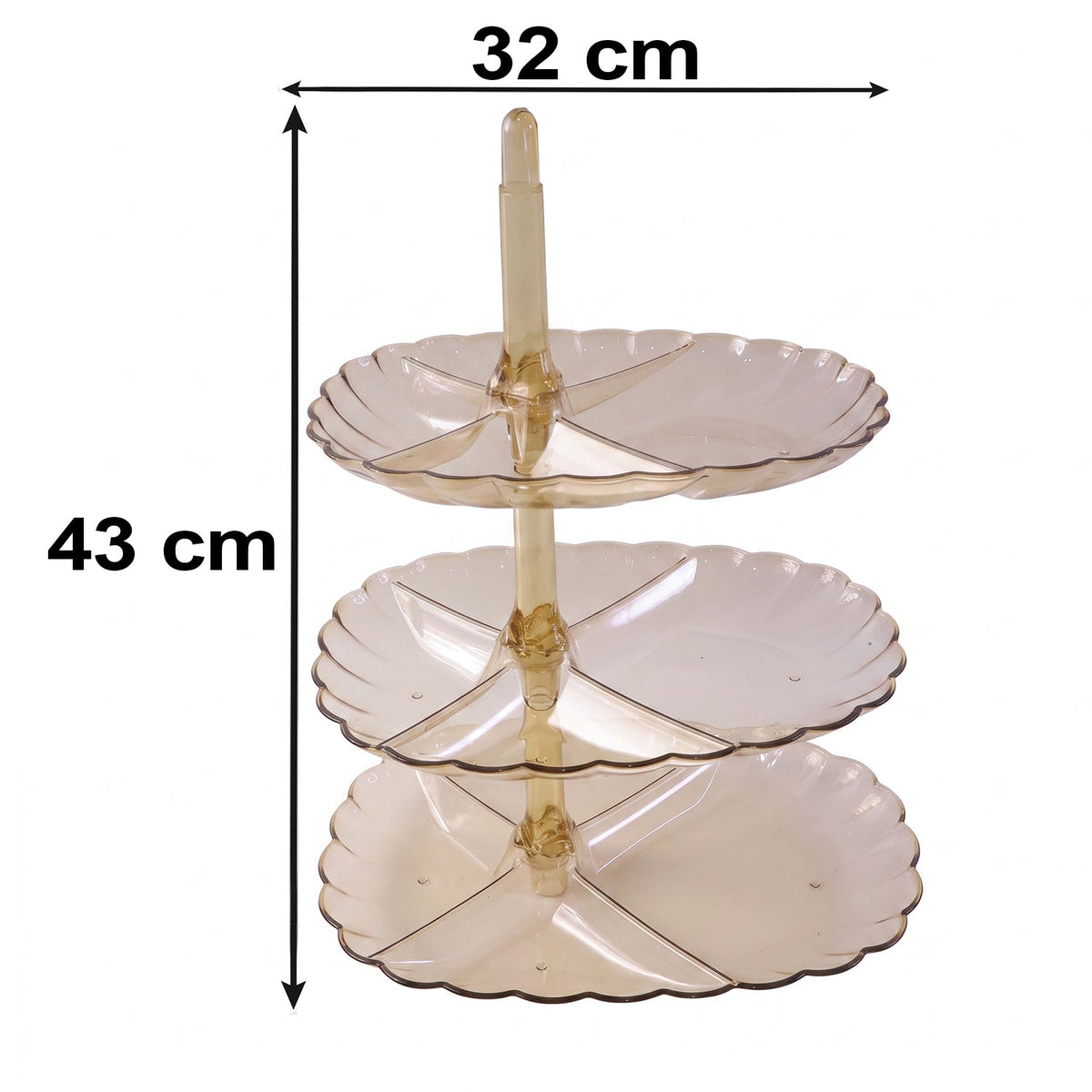 A three-tier amber acrylic stand with dimensions 43 cm height and 32 cm width on a white backdrop.