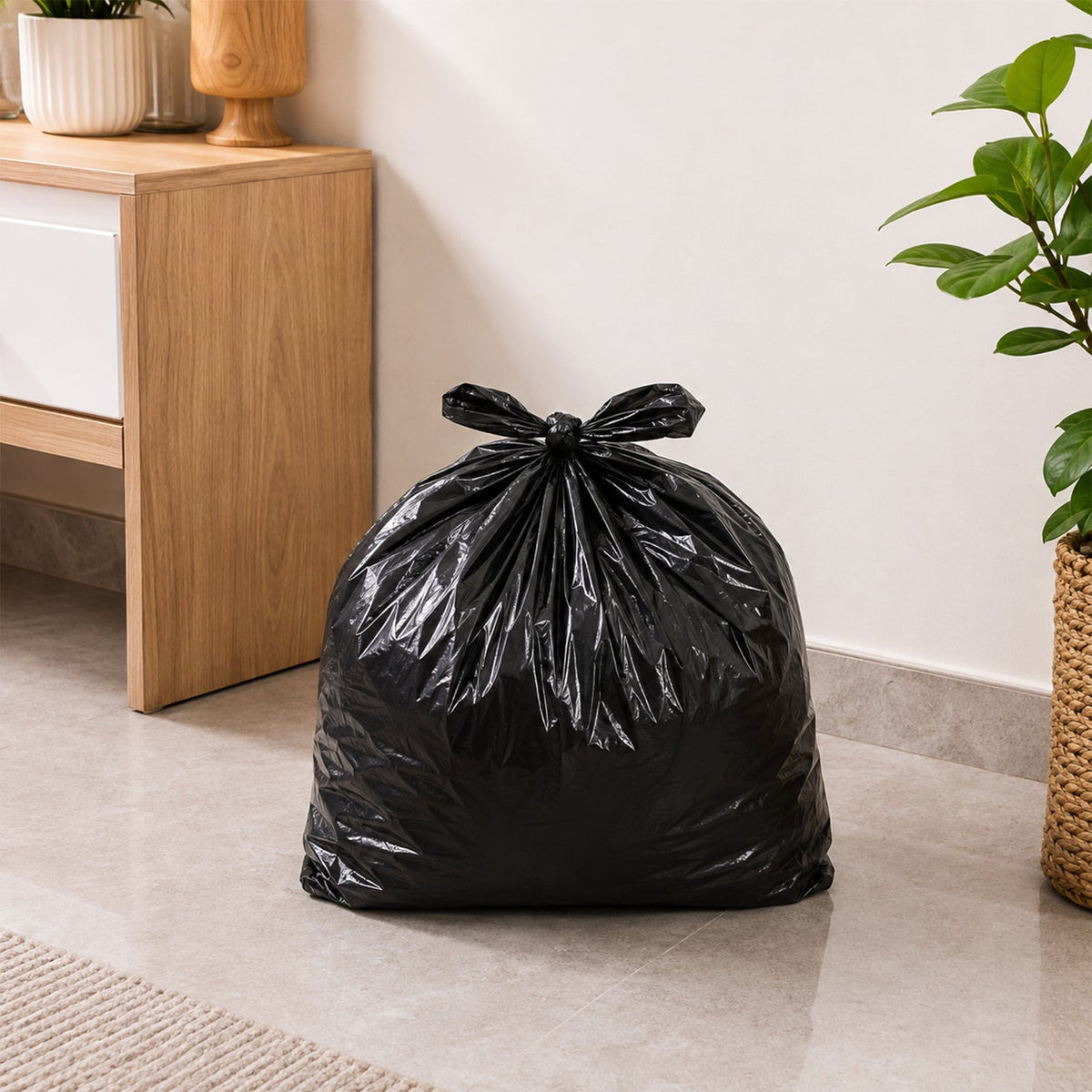 A full, tied black plastic garbage bag rests on a light gray tiled floor in an indoor setting.