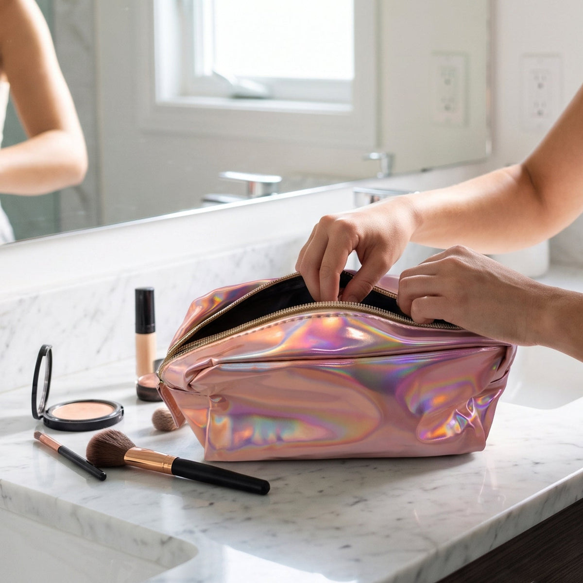 A holographic pink makeup bag is displayed on a light wooden surface.