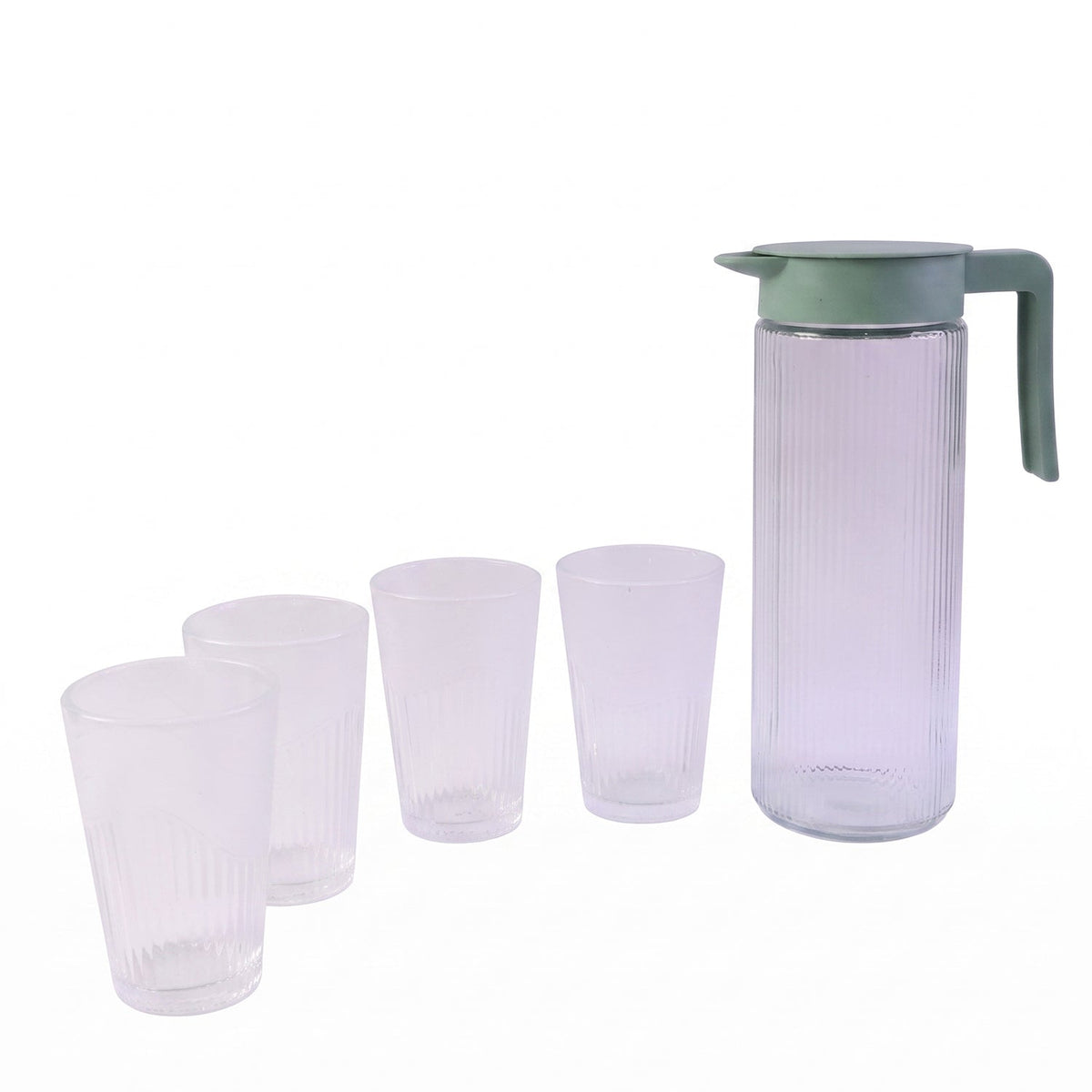Four clear glass tumblers with ribbed texture and a frosted wavy design are displayed upside down on a dark slate board.