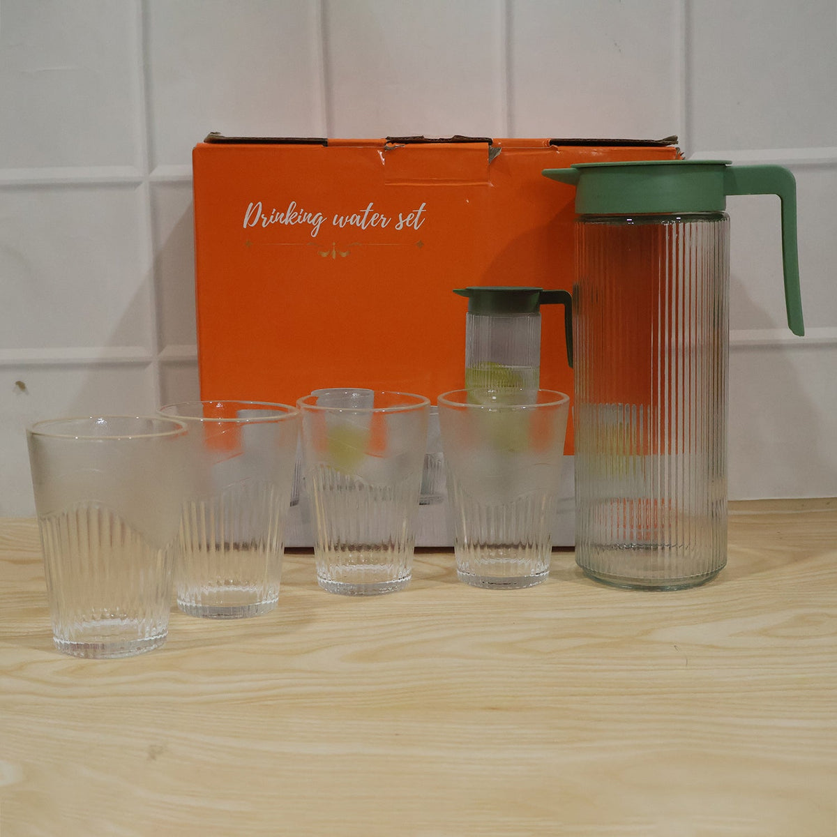 Glass Water Jug with Lid and 4 Glasses Set Ribbed Pitcher Carafe,