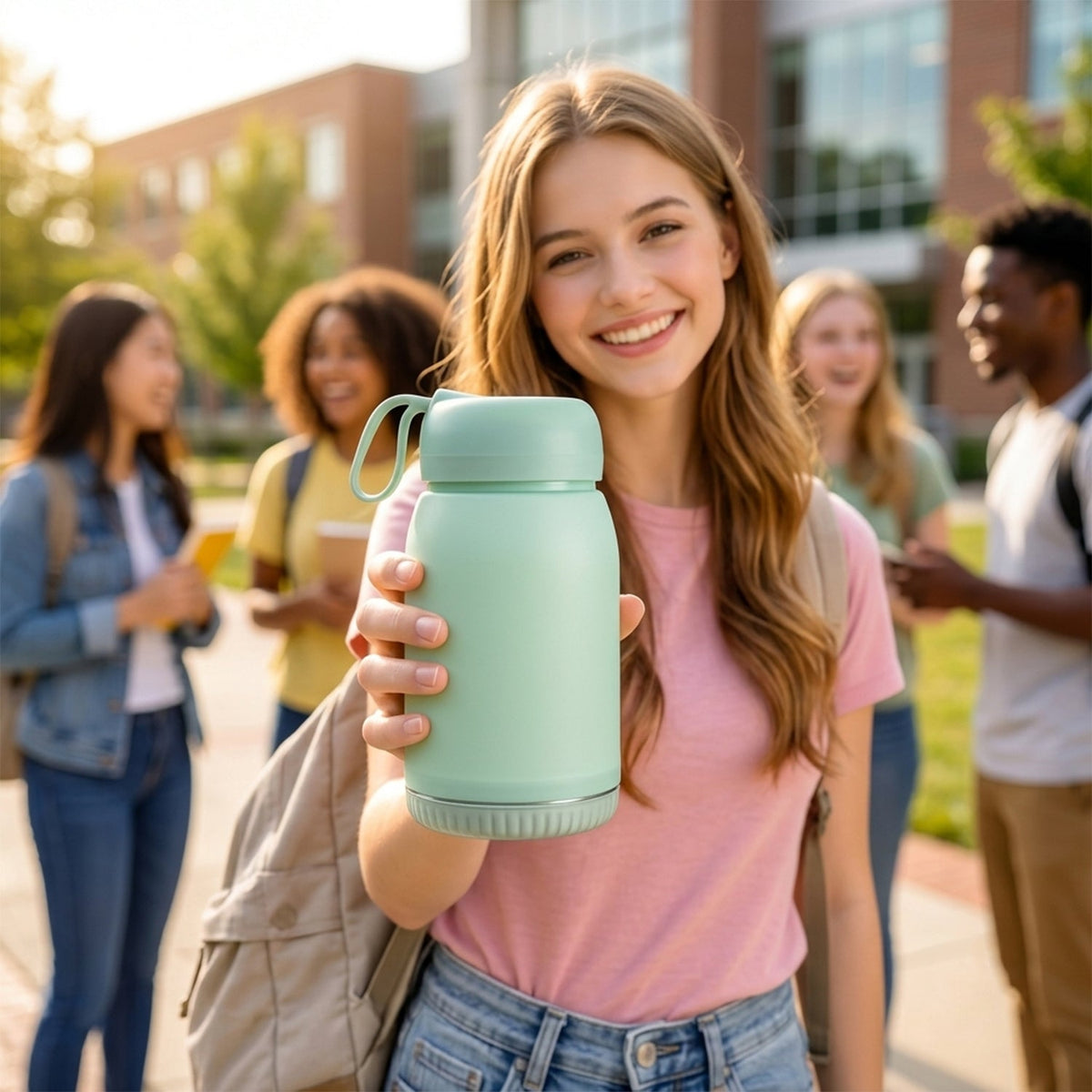 A smiling girl holds up a mint green glass bottle with a bunny print, with other students in the background.