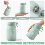 A collage of five images showing the mint green bottle: being carried, held in a hand, showing its glass interior, as a hero