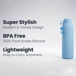A light blue ribbed glass water bottle stands next to text describing it as "Super Stylish," "BPA Free," and "Lightweight."