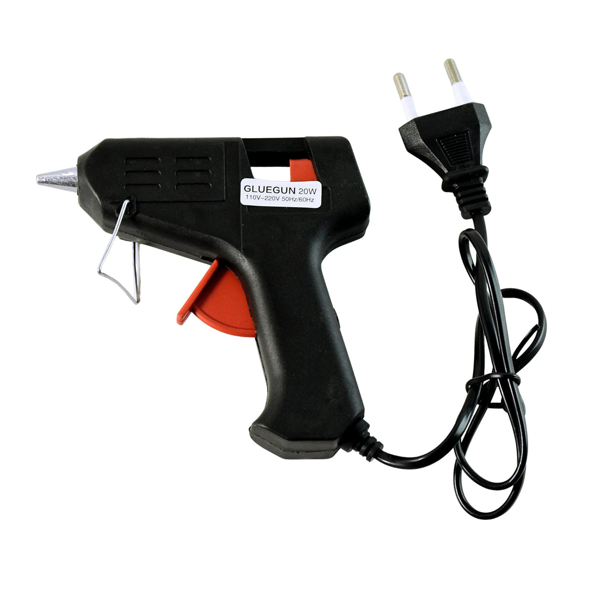 A black and red glue gun with a European plug and cord, featuring a label that reads GLUEGUN 20W.