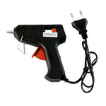 A black and red glue gun with a European plug and cord, featuring a label that reads GLUEGUN 20W.