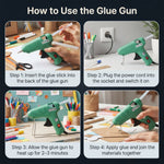 The green 60 Watt hot melt glue gun with a glue stick inserted, ready for use in a craft project.