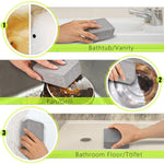 A collage showing the gray cleaning block used to clean a dirty bathtub, a pan, and a bathroom floor.