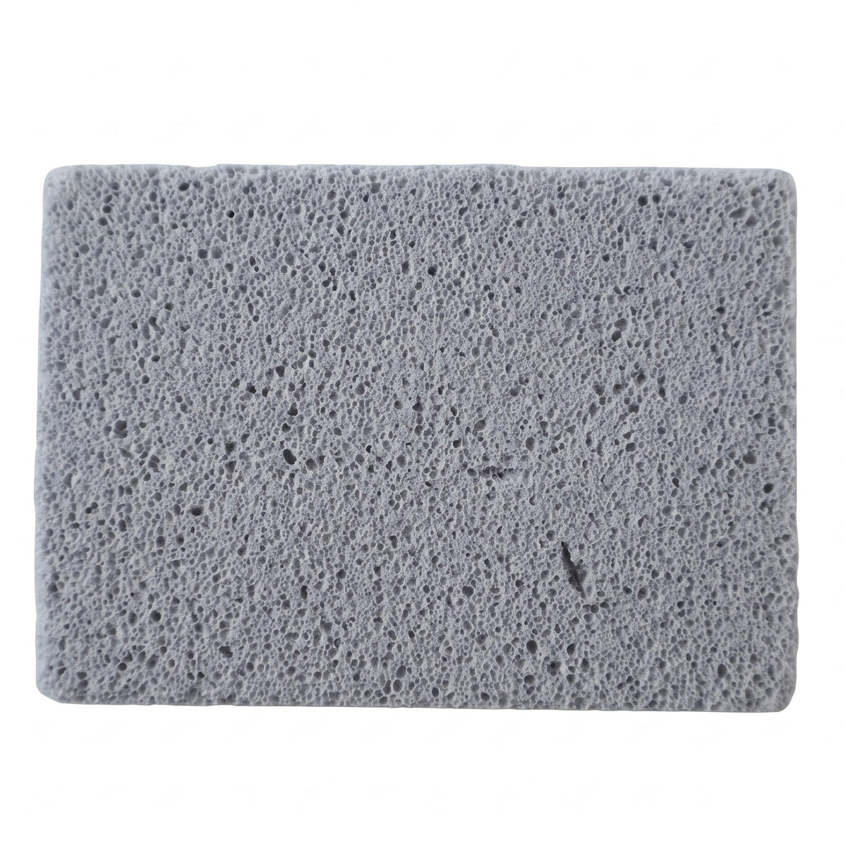 Close-up, top-down view of a rectangular gray cleaning block with a porous texture on a white background.