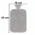 A grey ribbed hot water bottle is shown with dimensions: 30 cm height and 19 cm width, against a white background.