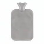 A grey ribbed hot water bottle with a wide neck and textured surface is displayed against a plain white background.