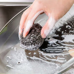 Round stainless steel scrubber pack of 6 for effective kitchen cleaning.