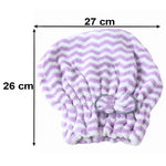 A purple and white chevron microfiber hair towel with a grey bow, showing dimensions of 26 cm by 27 cm.