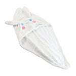 Hooded hair drying cap secured with button loop for easy use