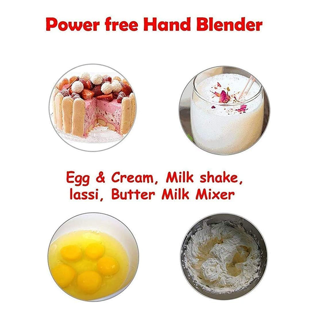 Four circular insets display a strawberry cake, a glass of lassi, a bowl of eggs, and whipped cream, illustrating blender