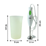 Size comparison of electric hand blender showing length and blade