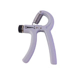 A gray adjustable grip strength trainer with a metal spring is shown on a plain white background.