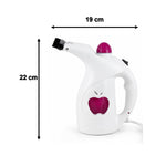 A white and pink handheld steamer with an apple logo, showing dimensions of 22 cm height and 19 cm width.