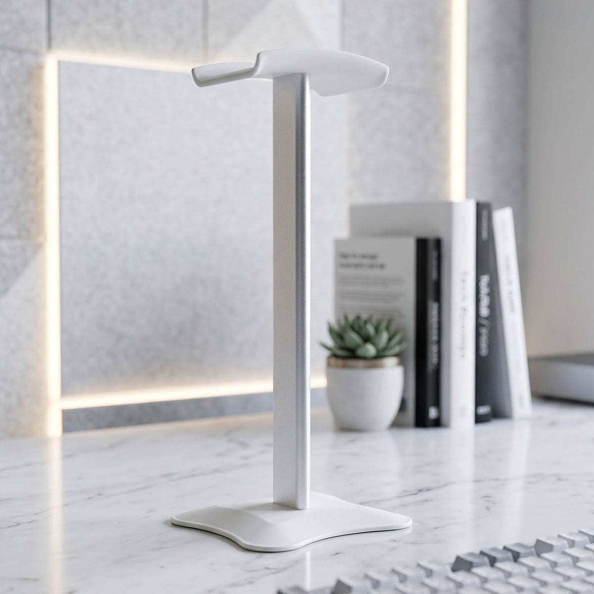 Silver headphone stand with a white base on a marble desk, with books and a plant in the soft-lit background.