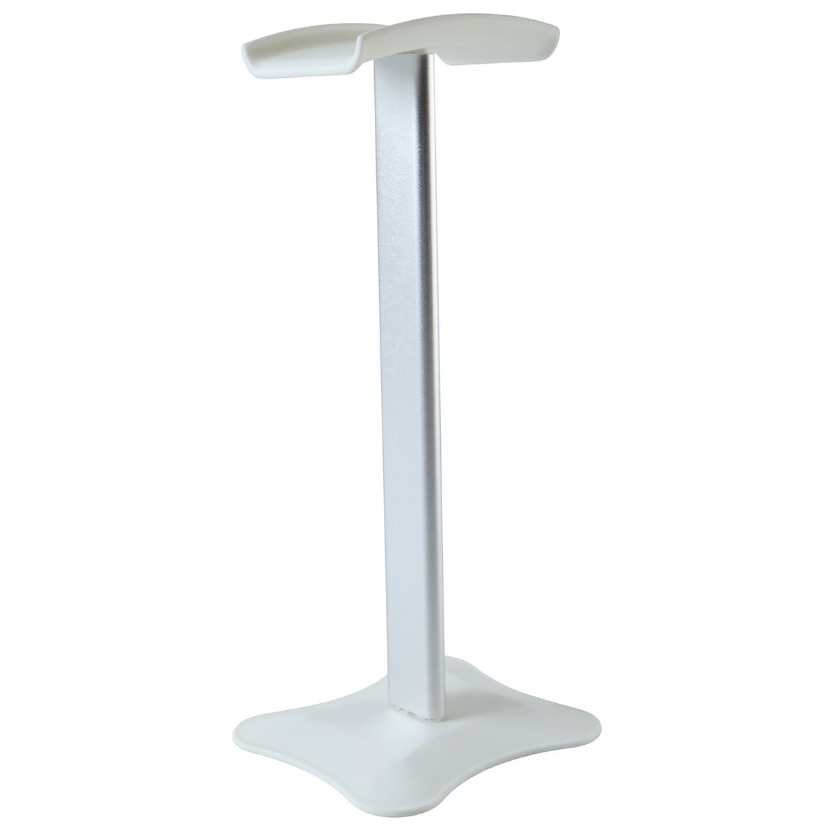 Minimalist silver headphone stand with a white base, isolated on a clean white background.