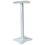 Minimalist silver headphone stand with a white base, isolated on a clean white background.