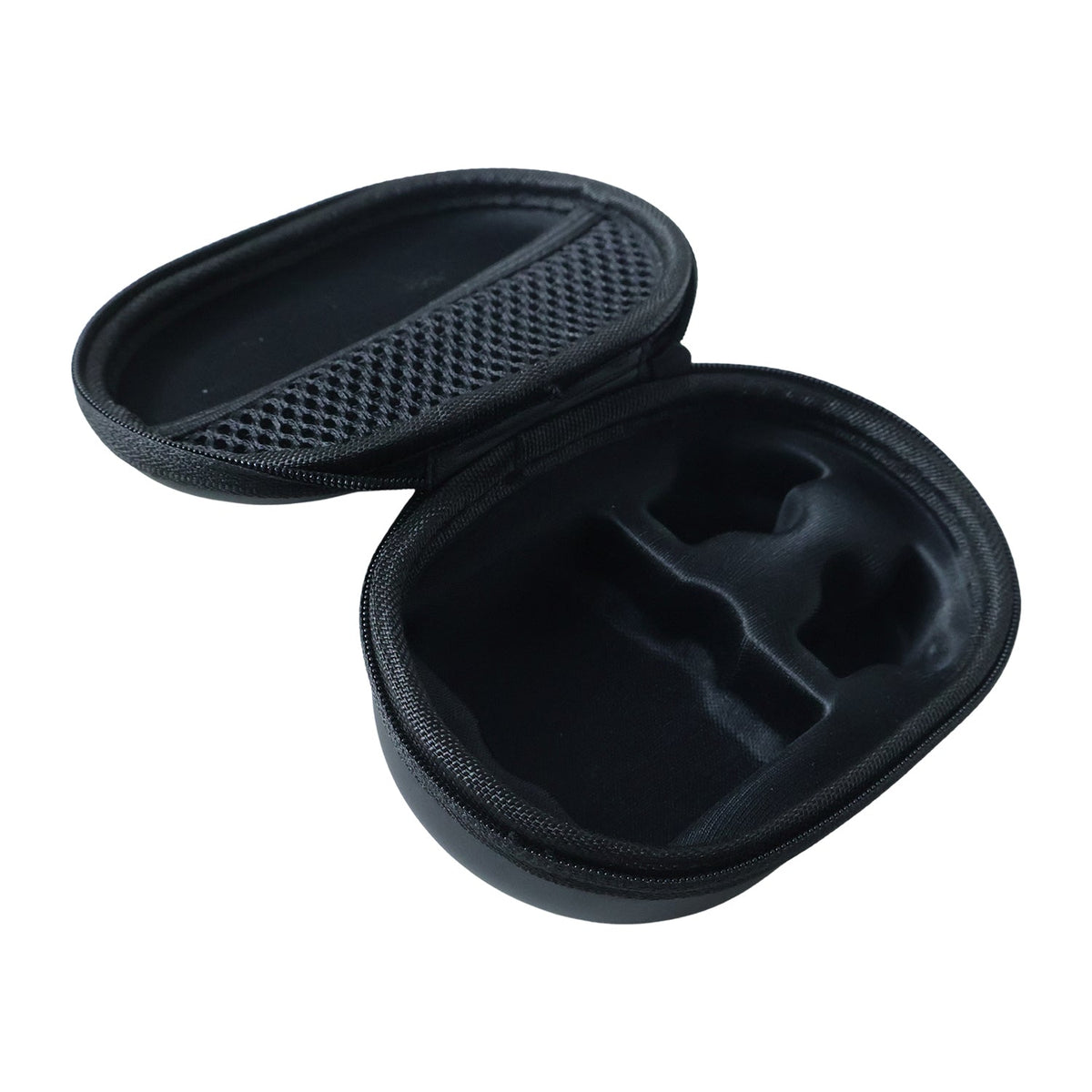 A closed black oval hard shell case with a gold three-dot logo is shown with a 12.5 cm length measurement indicated by an