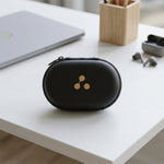 A four-panel collage shows the compact black case being placed into a bag, pocket, on a table, and hanging from a backpack.