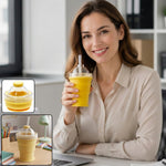 A smiling woman holds a yellow silicone cup with a dome lid and straw, with insets of the cup collapsed and on desk.