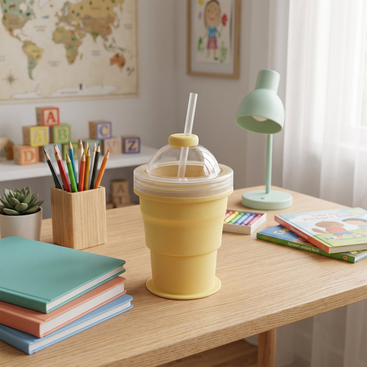 A yellow silicone cup with a straw and dome lid sits on a wooden desk with books, colored pencils, and a green lamp.