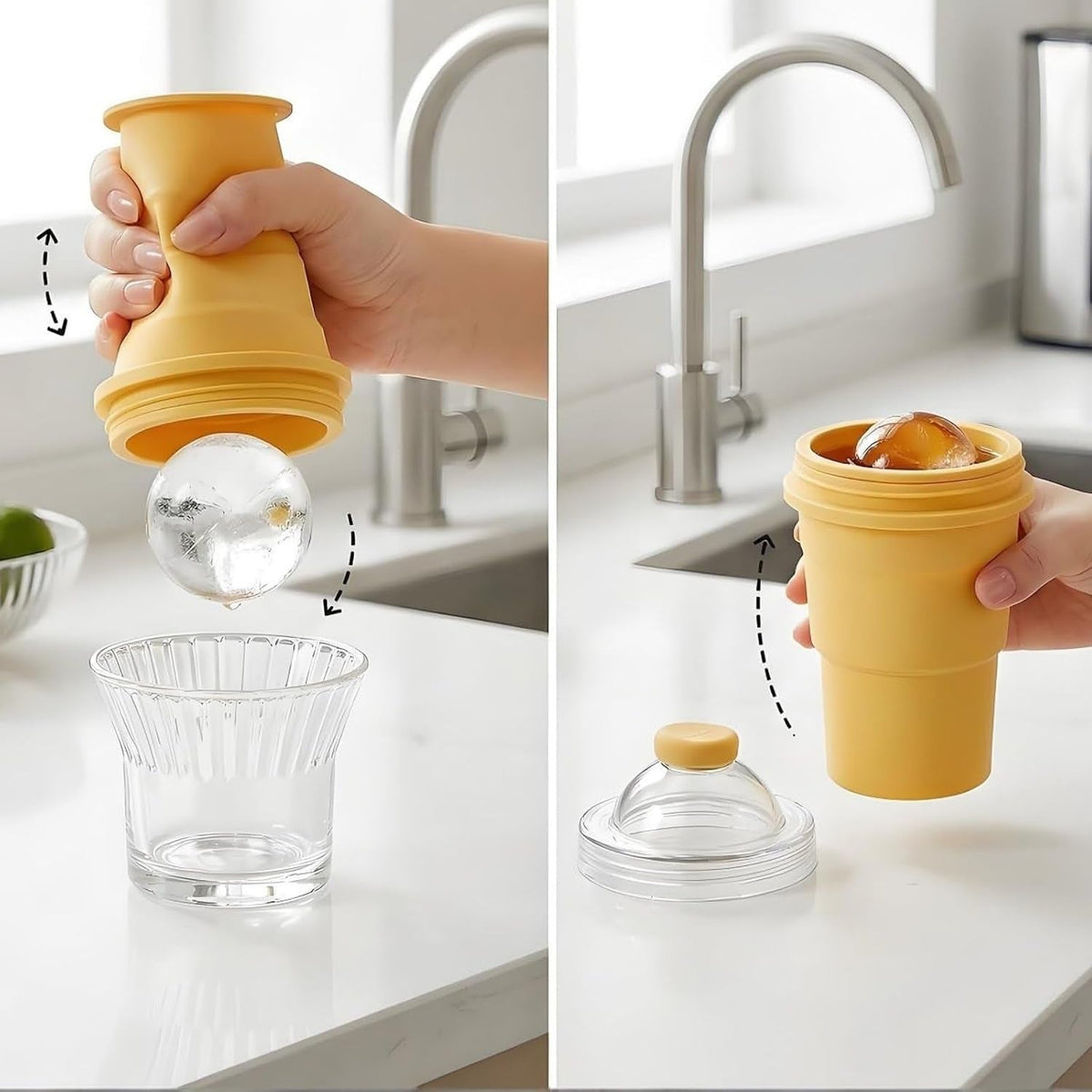 A two-panel image showing a hand squeezing a yellow silicone mold to release an ice sphere, and another hand placing an ice
