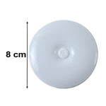 A white, round LED light with a central power button, showing a measurement of 8 cm in diameter