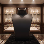 Front view of black mannequin bust necklace display stand highlighting necklaces in India
