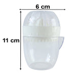 A white and clear plastic manual citrus squeezer with dimensions of 11 cm height and 6 cm width indicated.