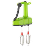 A bright green manual hand blender with a black handle and stainless steel whisks with red accents is centered on a white
