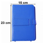 A blue PU leather tablet case is shown with dimensions: 23 cm height and 15 cm width.