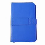 The closed blue PU leather tablet case is centered on a white background, showing its textured surface.
