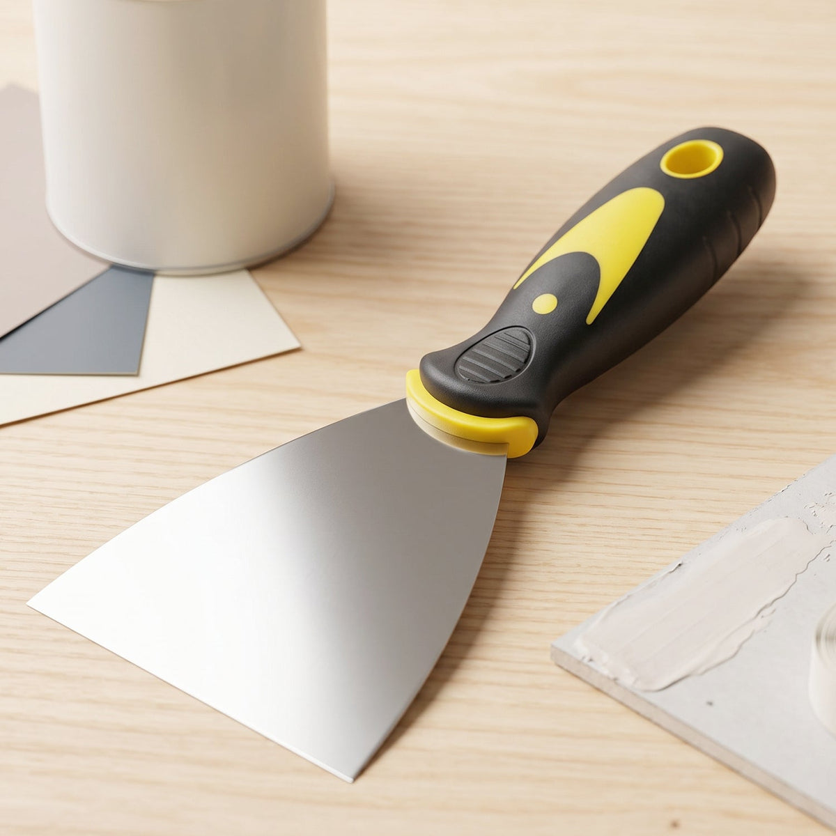A stainless steel putty knife with a black and yellow handle rests on a wooden surface next to paint samples.