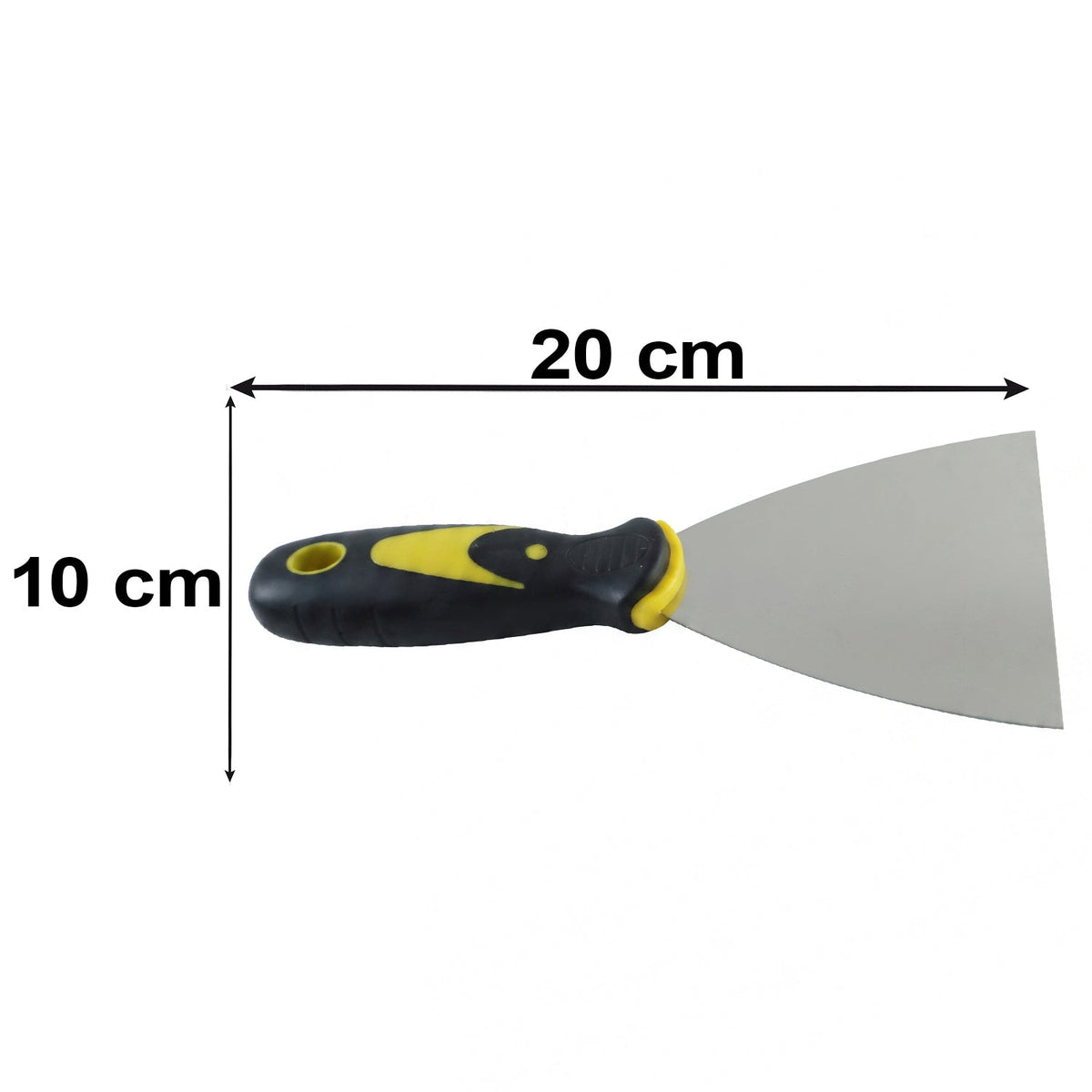 A stainless steel putty knife with a black and yellow handle is shown with dimensions of 20 cm by 10 cm.